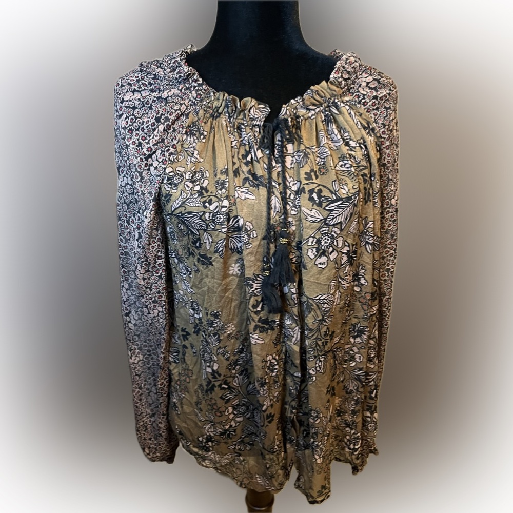 Free People Hendrix Sheer Floral Poet Tasseled Blouse size Small